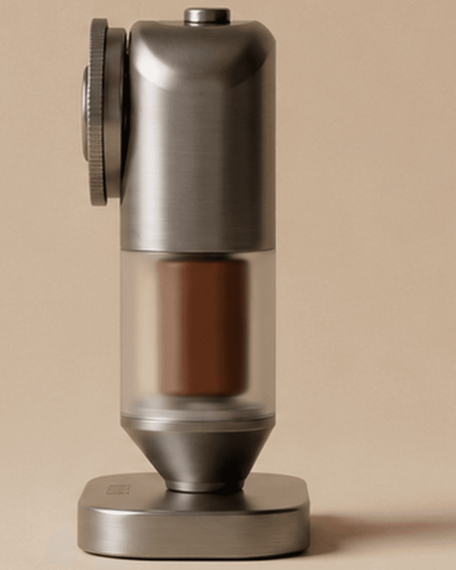 THE DIAL visual direction study seen from the side — a vertical hand-held body with the dial scale on its edge